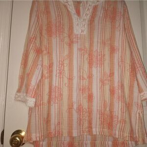 Alfred Dunner Women's 14 White Pink Striped 3/4 Sleeve V-Neck 100% Cotton Top